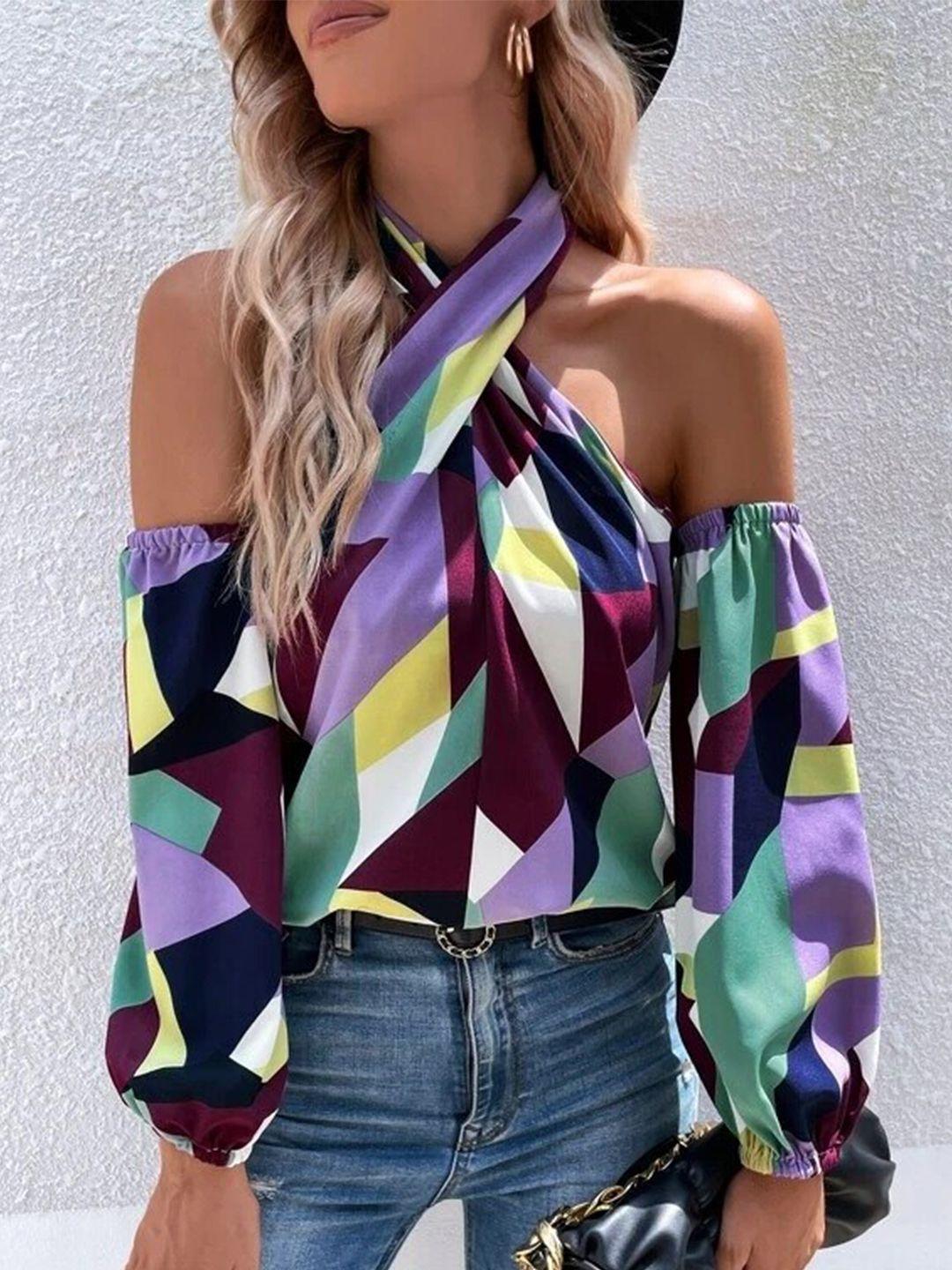 slyck geometric printed halter neck cold-shoulder regular top