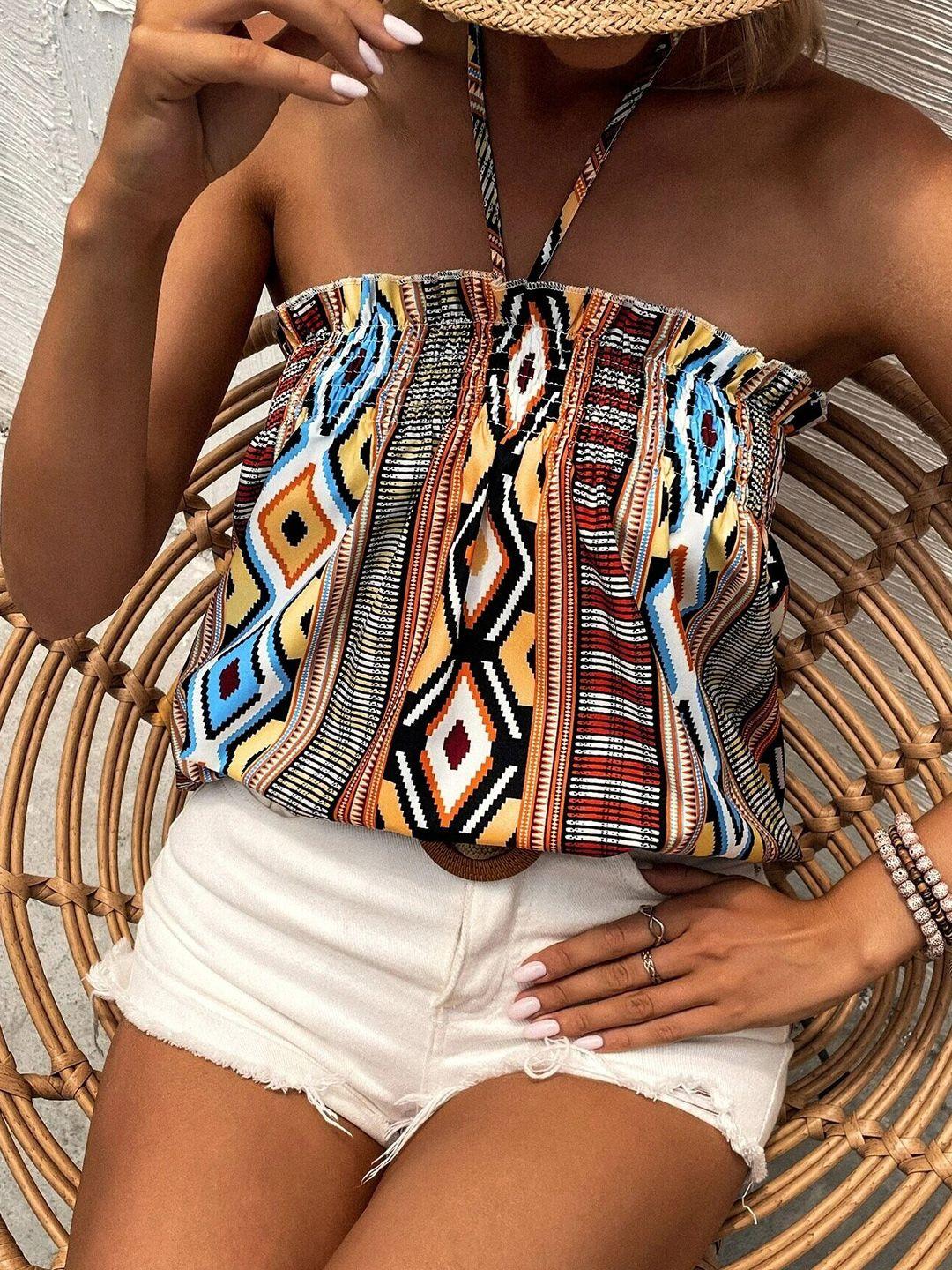 slyck geometric printed halter neck smocked top