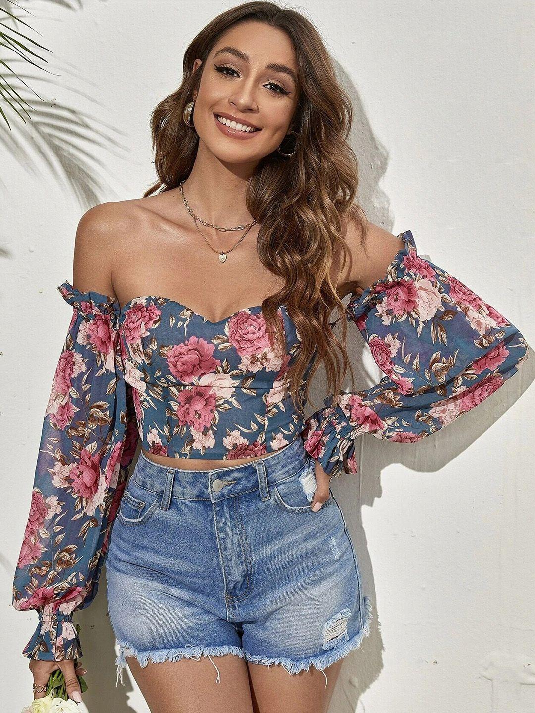 slyck grey floral print off-shoulder crop top