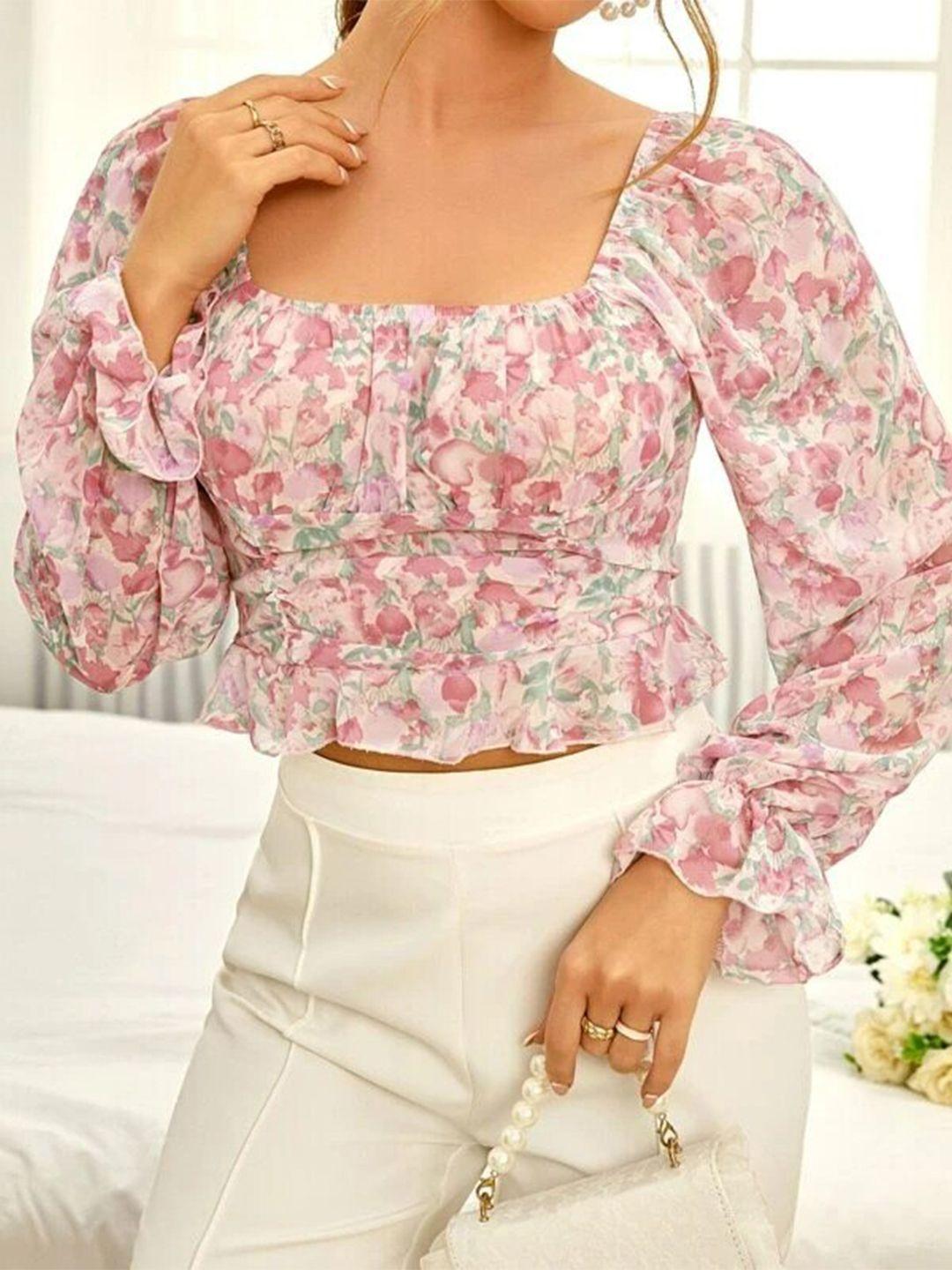 slyck pink floral print crop top