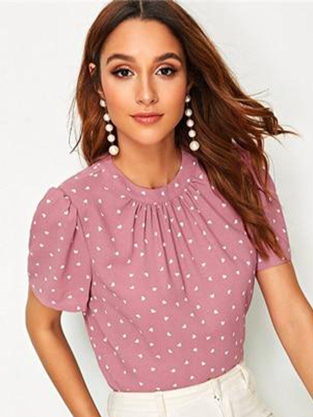 slyck polka dot print puff sleeve regular top