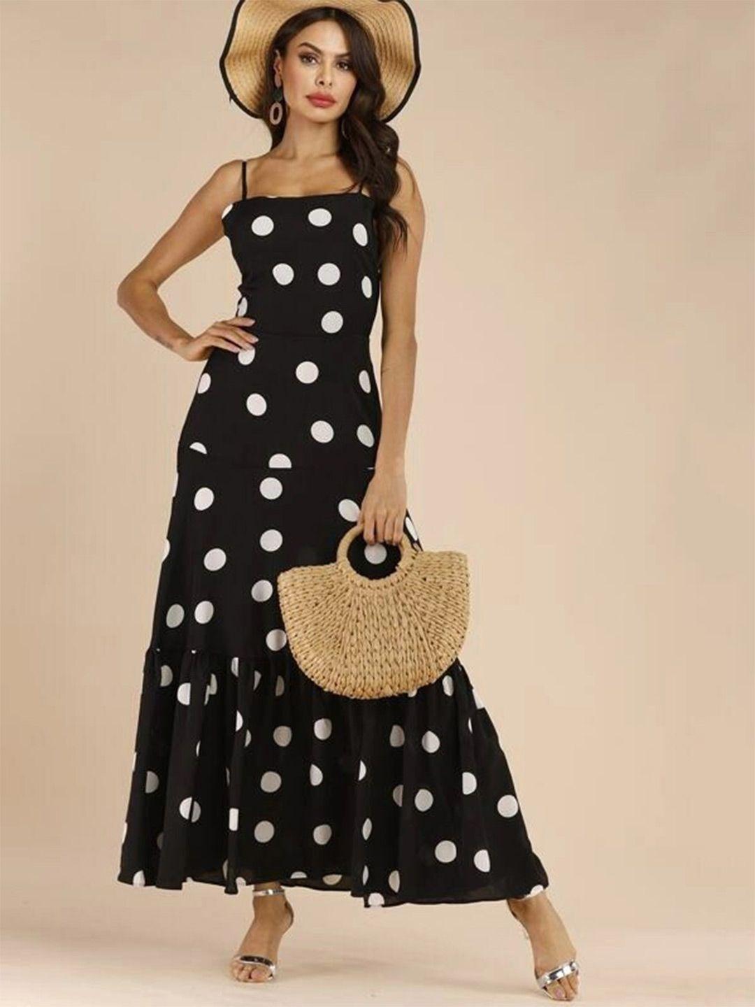 slyck polka dots printed shoulder straps gathered tiered a-line maxi dress