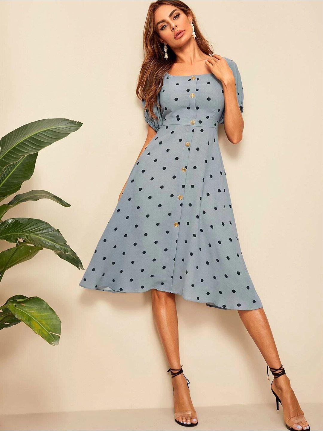 slyck polka dots printed square neck puff sleeve a-line dress