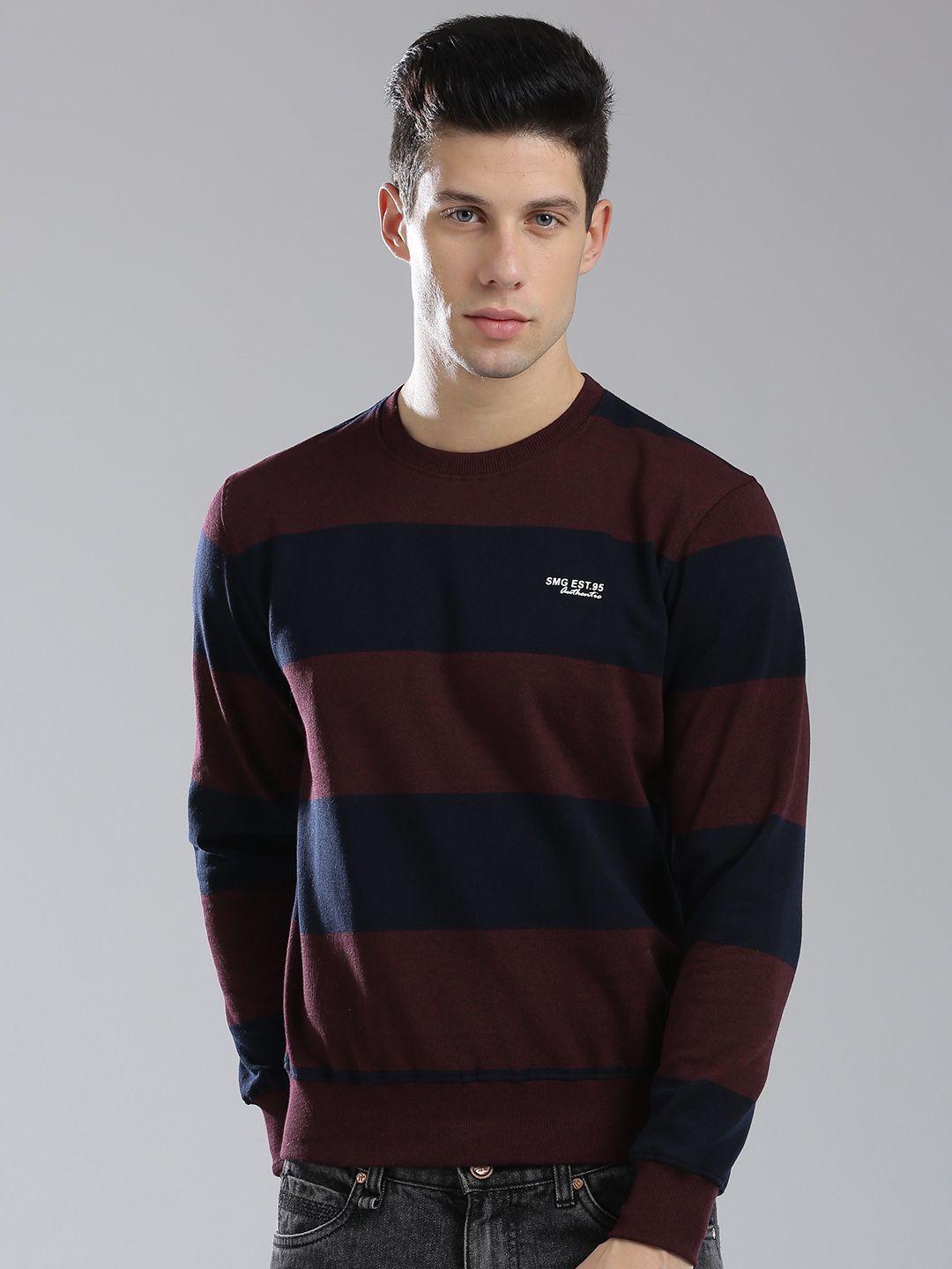 smag men maroon & navy blue striped sweatshirt
