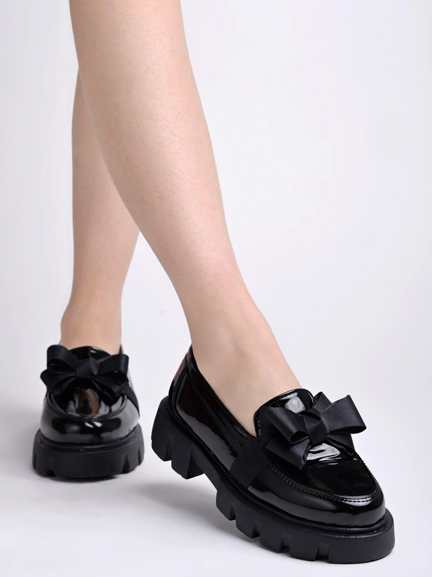 smart casual bow detailed black loafers for girls
