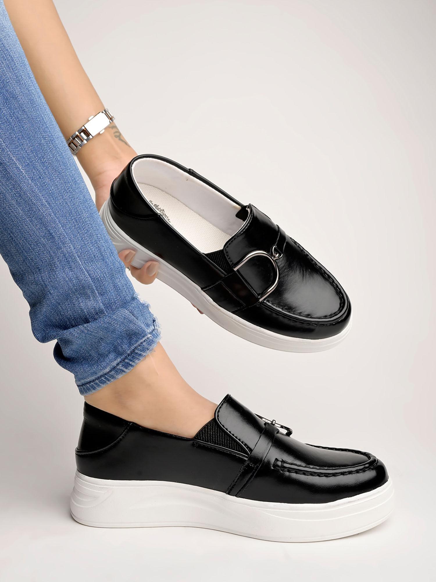 smart casual chain detailed black loafers for women & girls