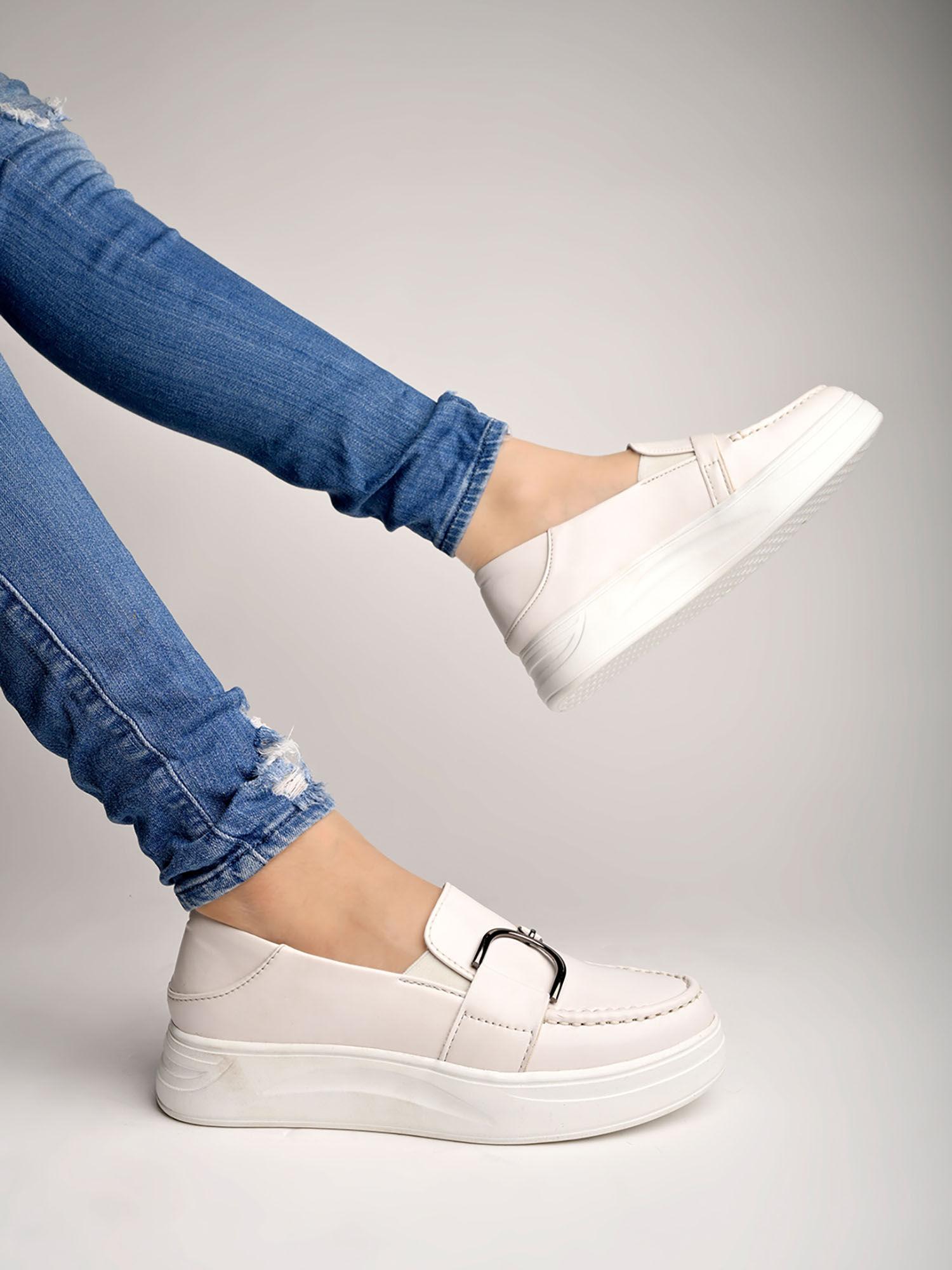 smart casual chain detailed white loafers for women & girls