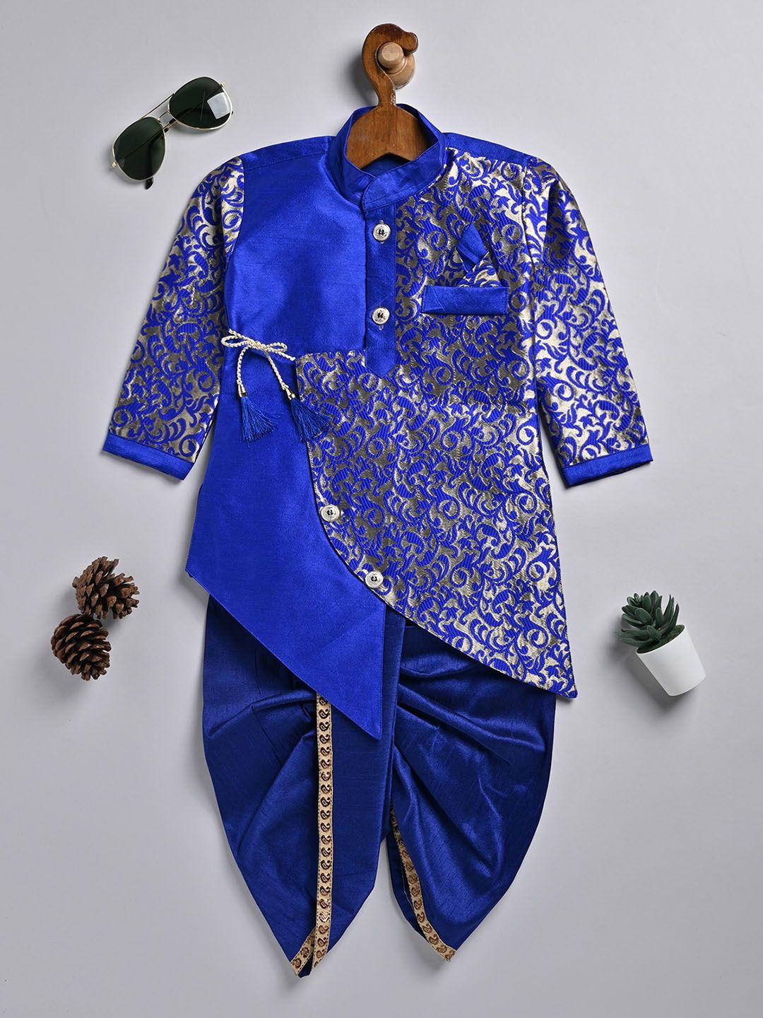 smartraho boys blue ethnic motifs regular dupion silk kurta with dhoti pants