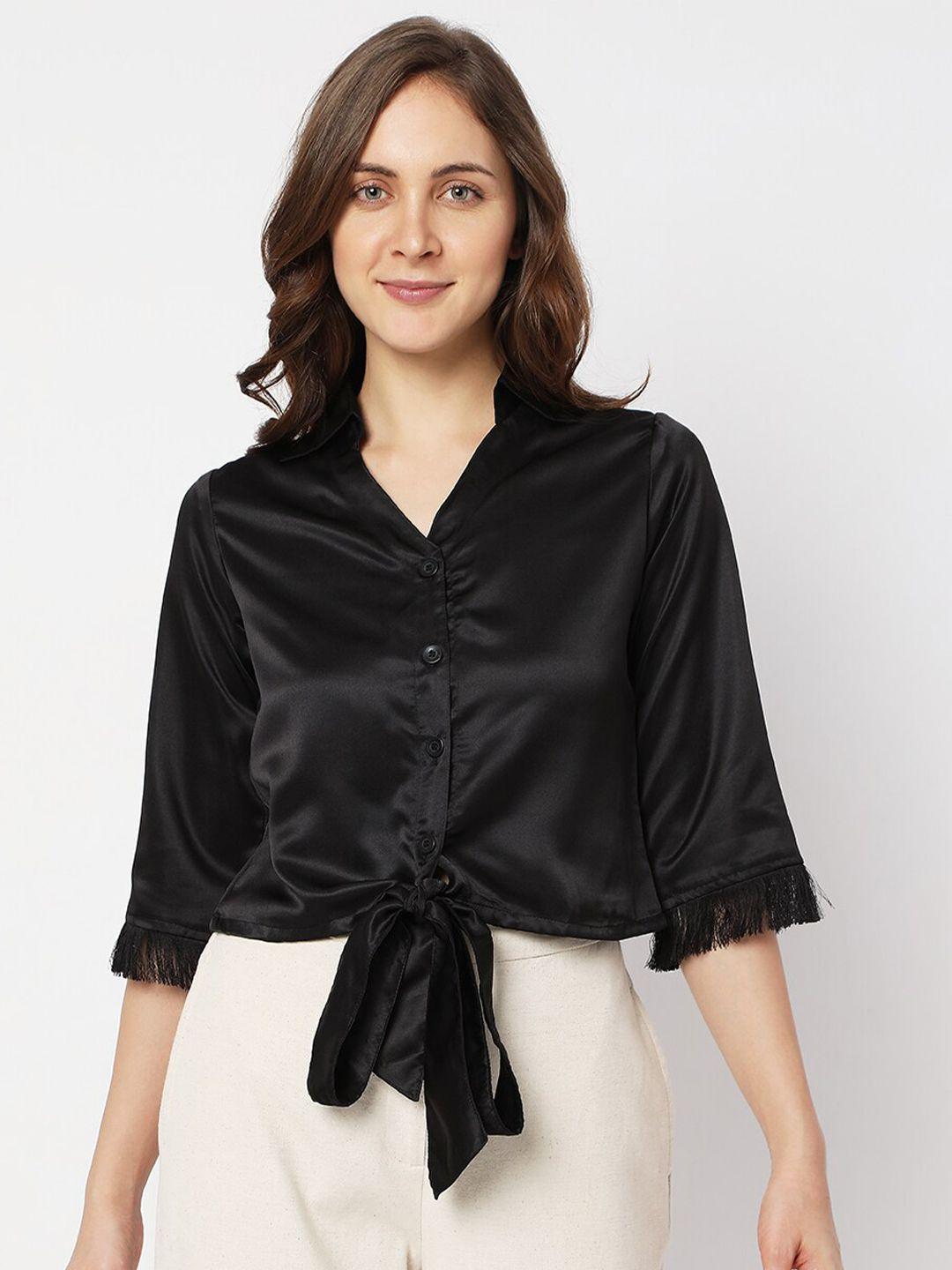 smarty pants women black solid mandarin collar comfort party shirt
