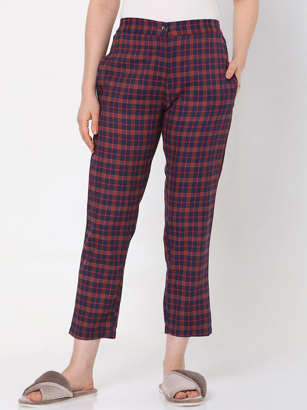 smarty pants women maroon checked flared regular trousers
