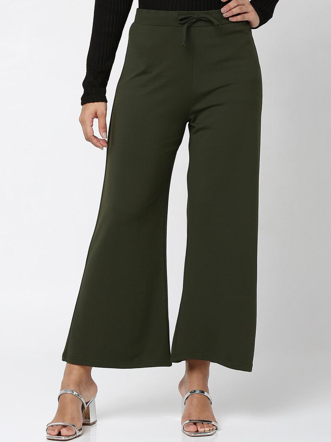 smarty pants women olive green relaxed straight leg flared easy wash cotton trousers