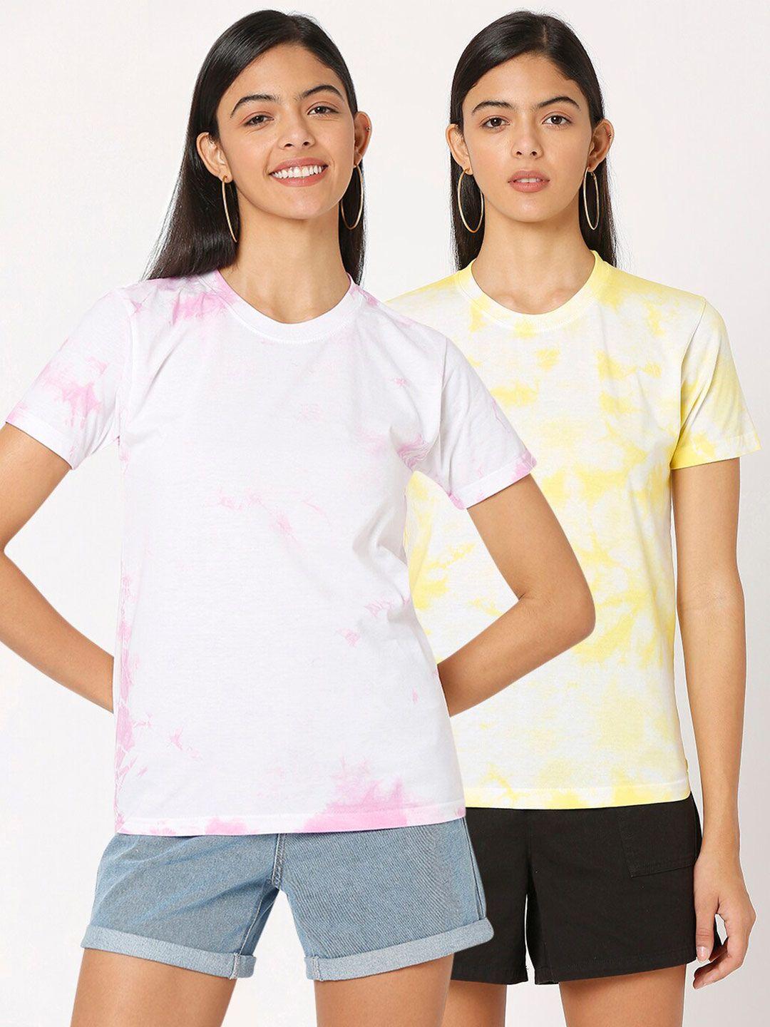 smarty pants women yellow & white tie and dye pack of 2 printed t-shirt