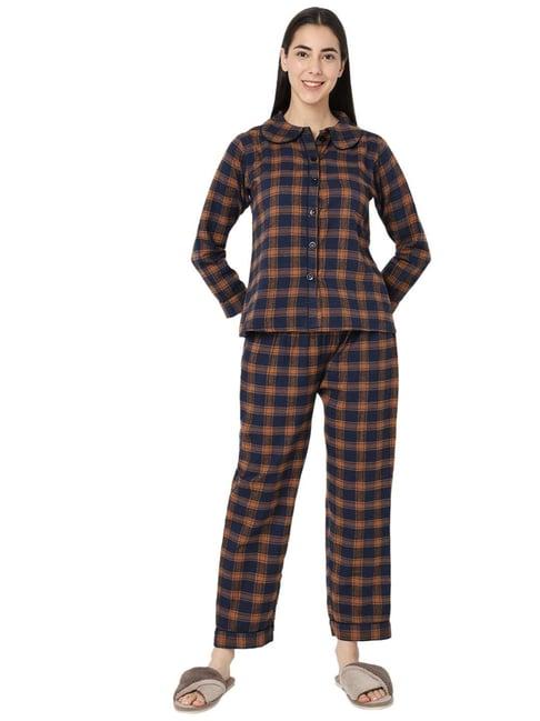 smarty pants navy & brown cotton checks shirt with pyjamas
