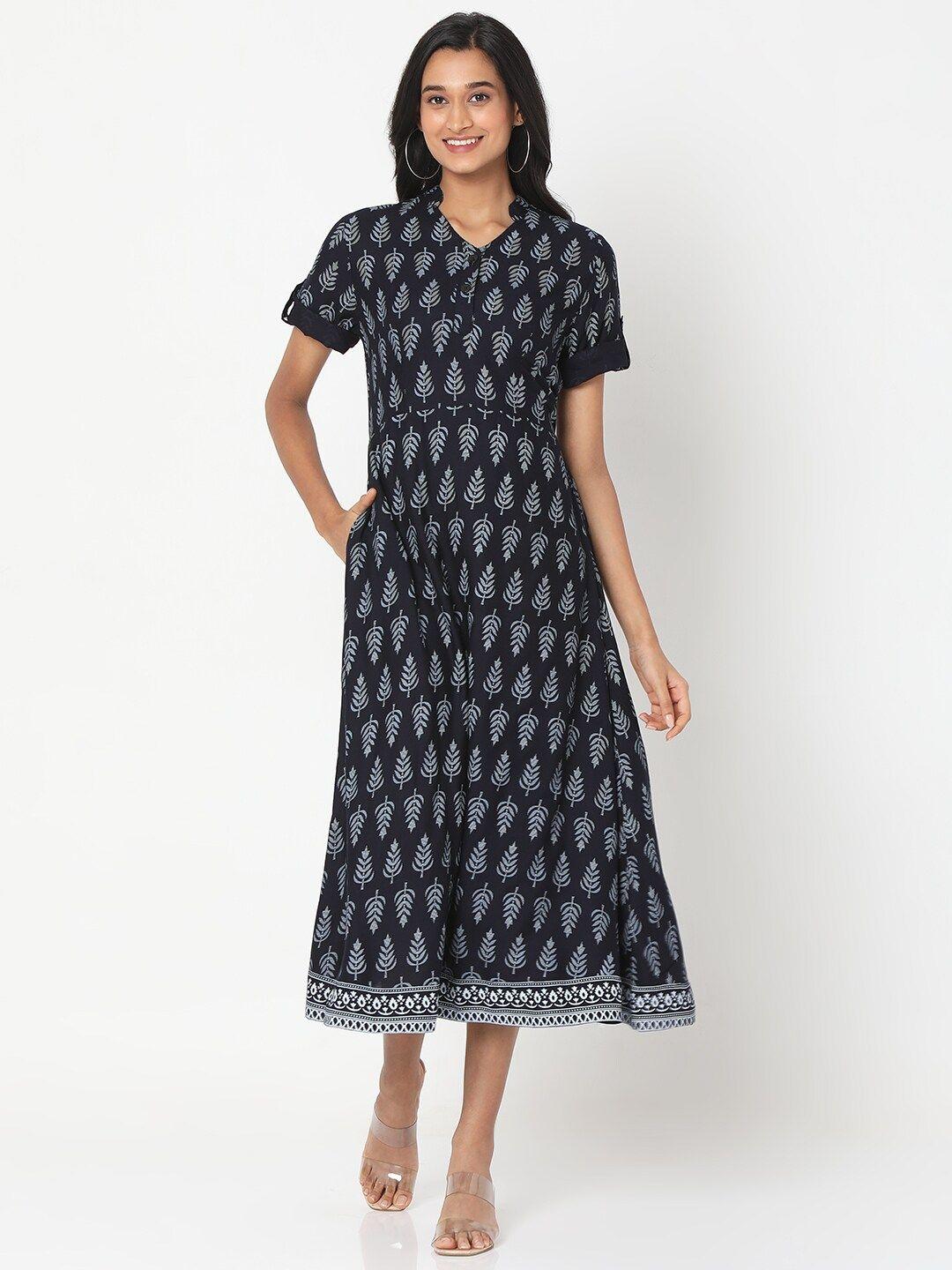 smarty pants navy blue & raisin black ethnic motifs midi dress