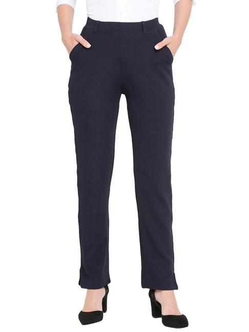 smarty pants navy cotton lycra straight fit mid rise trousers