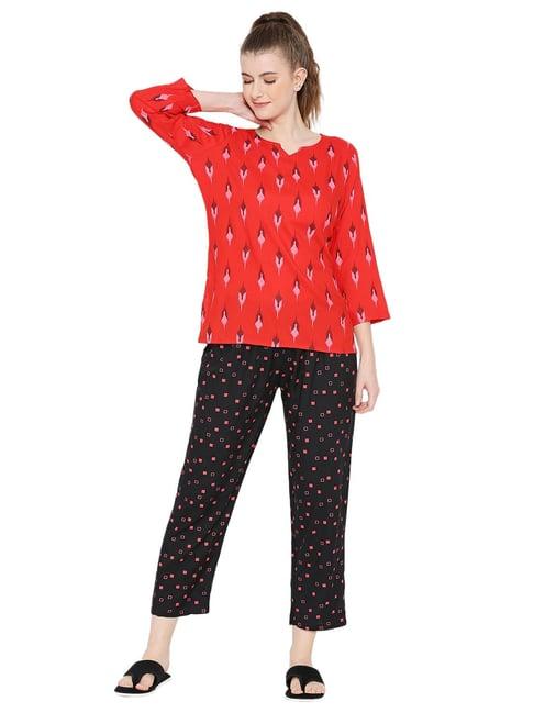smarty pants red & black cotton print top with pyjamas