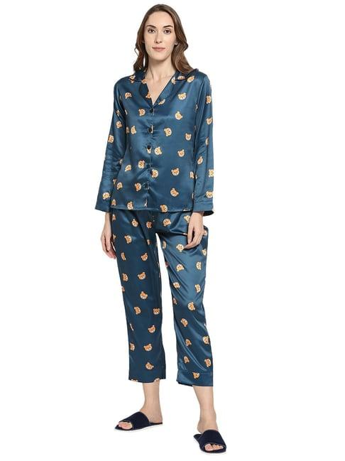 smarty pants teal blue satin print shirt with pyjamas
