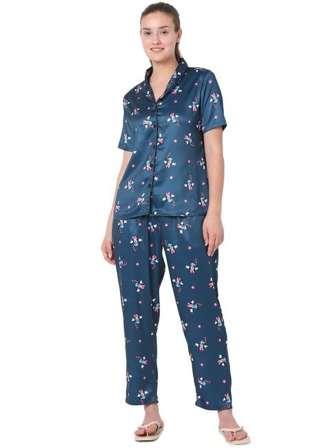 smarty pants teal blue satin print shirt with pyjamas