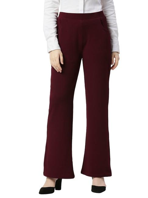 smarty pants wine cotton lycra flared fit high rise trousers