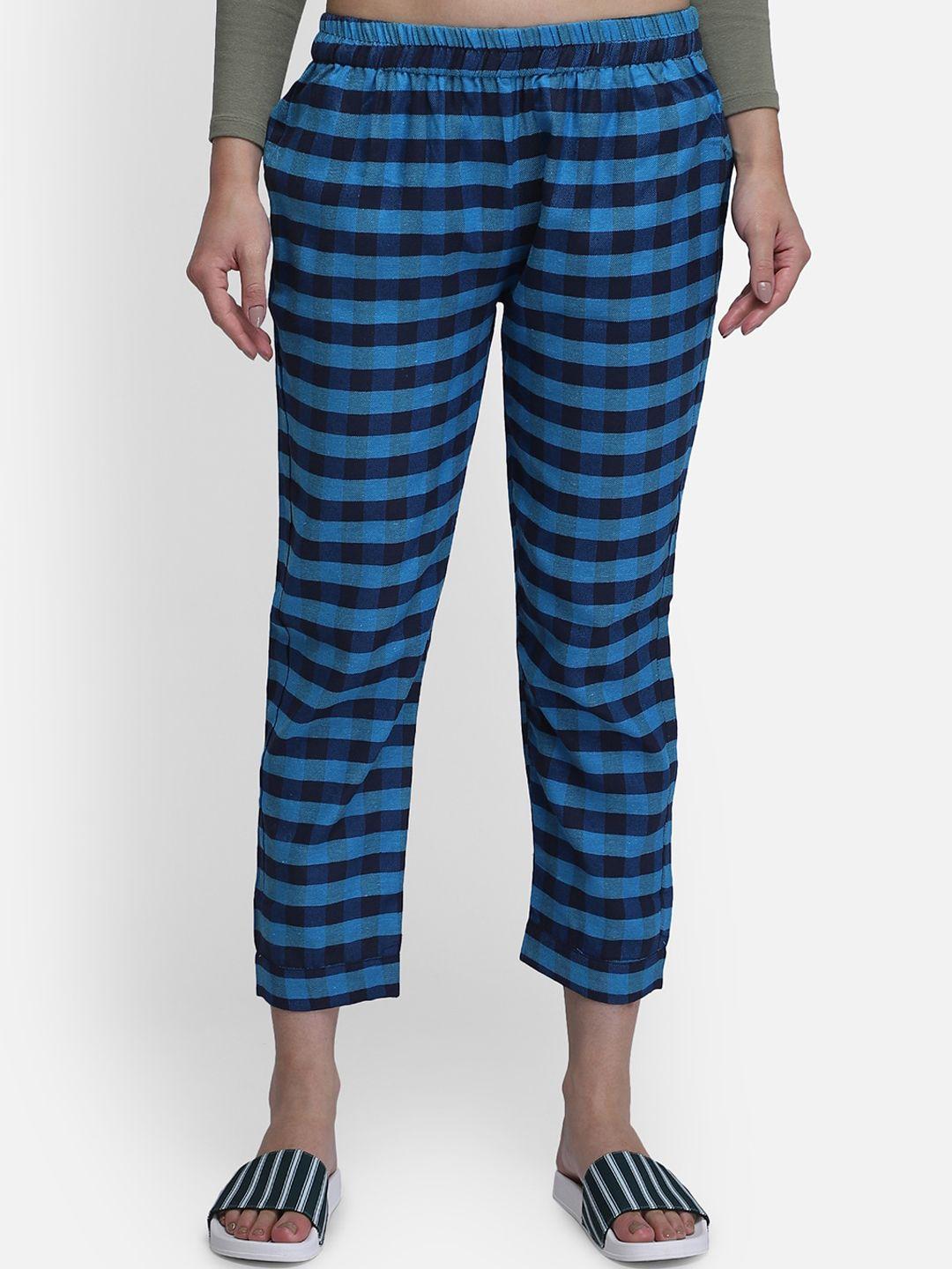 smarty pants women blue & black checked cotton lounge pants