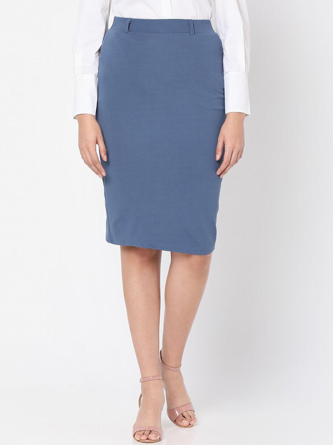 smarty pants women blue solid pencil skirt