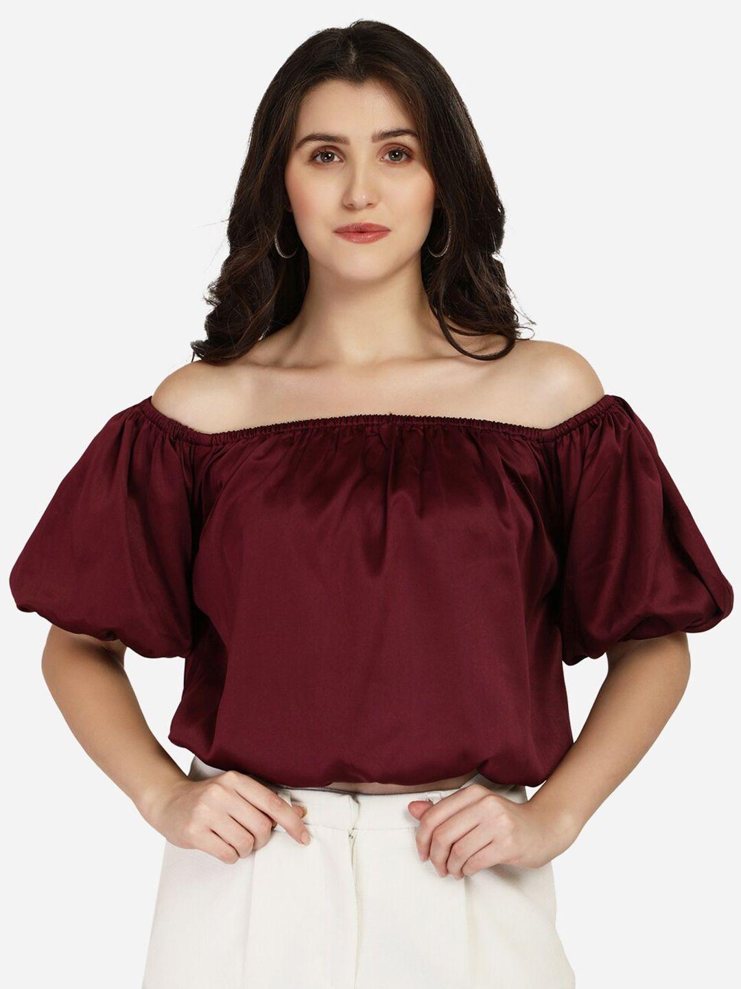 smarty pants women burgundy solid off-shoulder satin bardot top