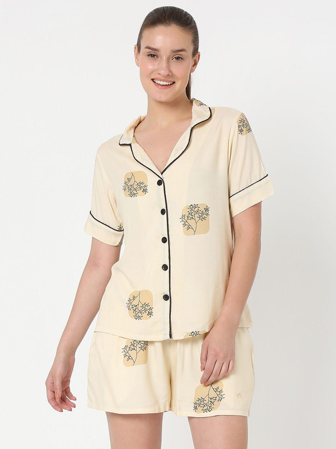 smarty pants women cream-coloured & beige printed pure cotton shorts night suit