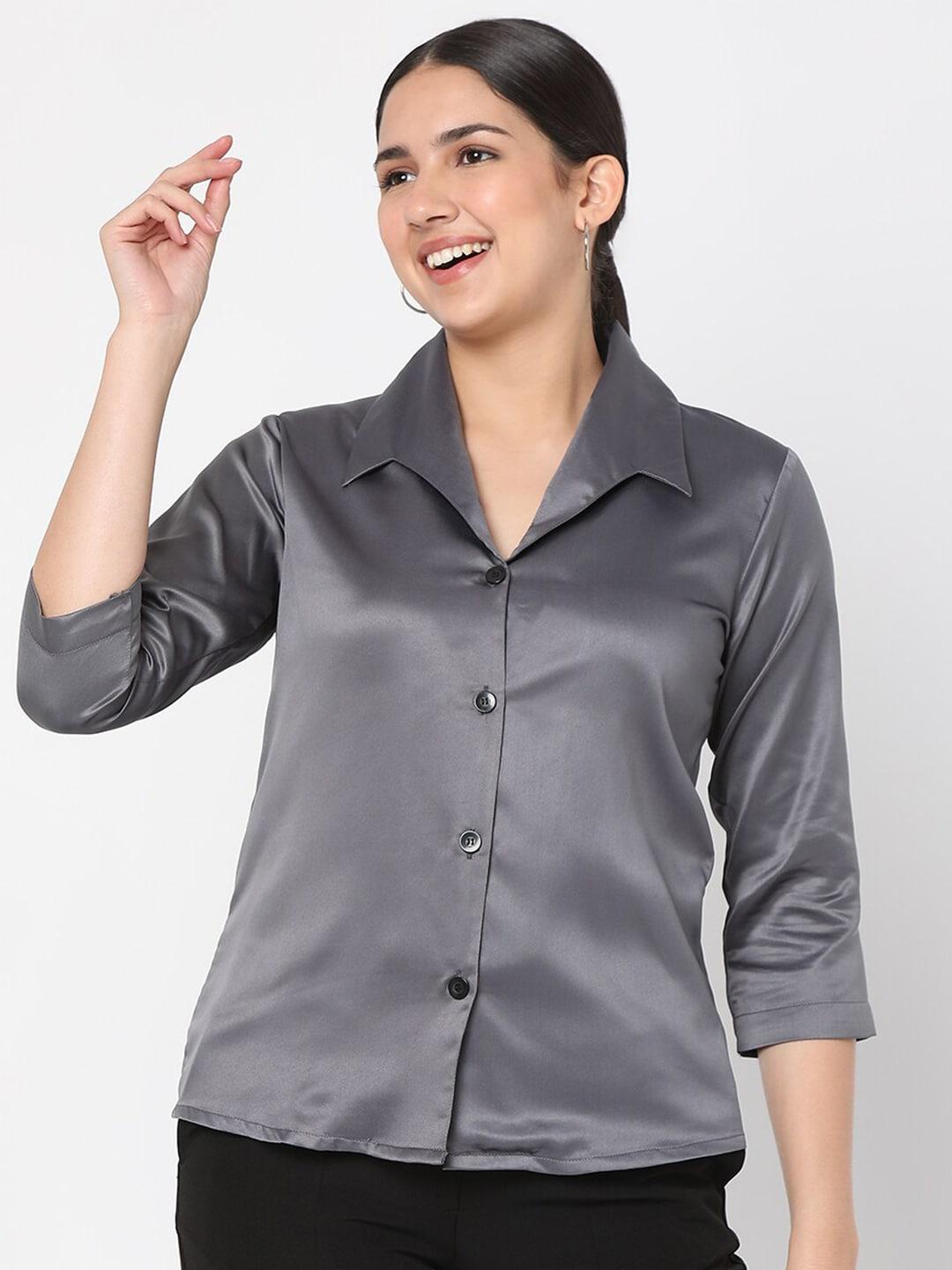 smarty pants women grey solid relaxed formal shirt