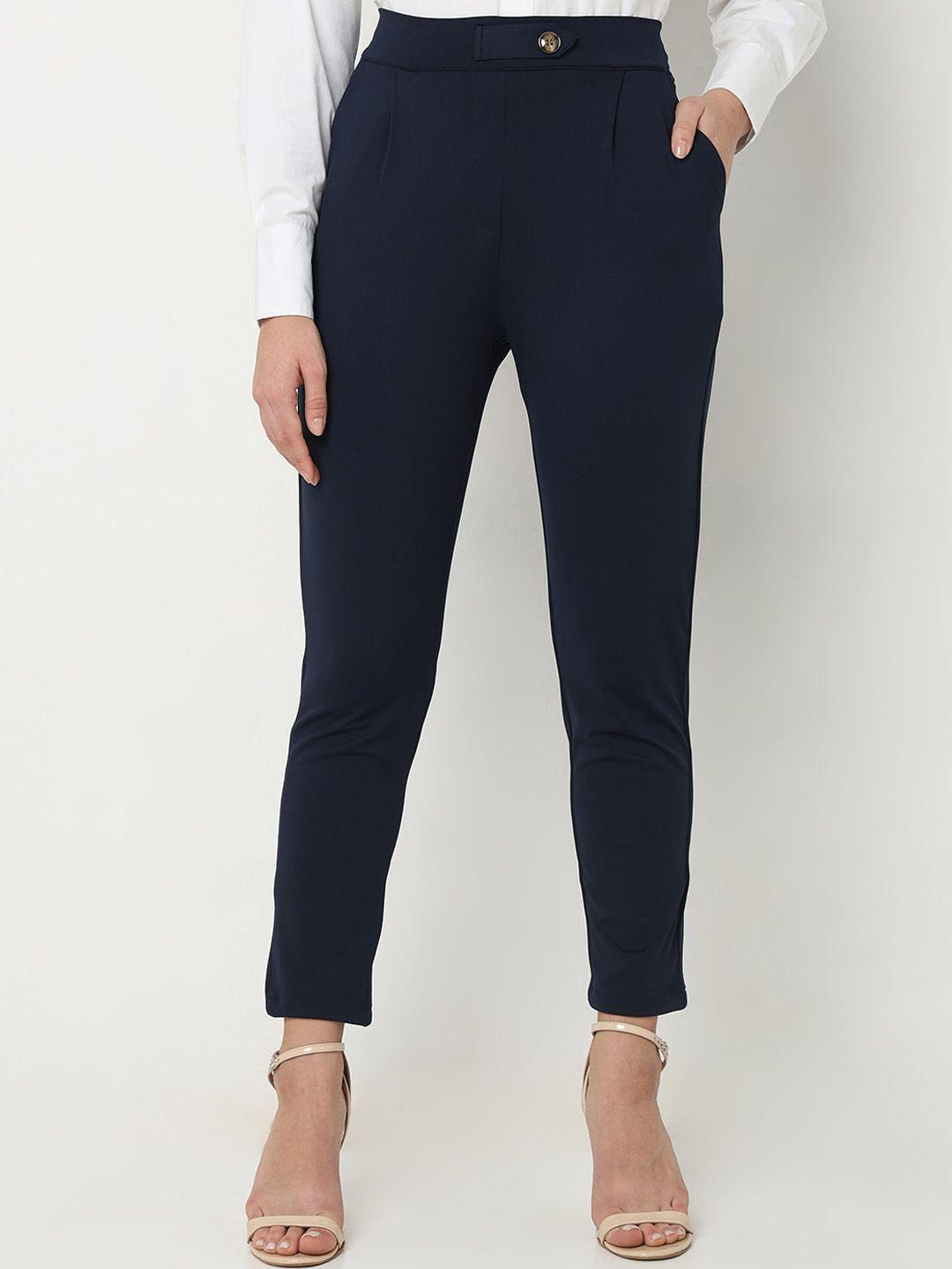 smarty pants women navy blue sharp skinny fit high-rise lint free trousers