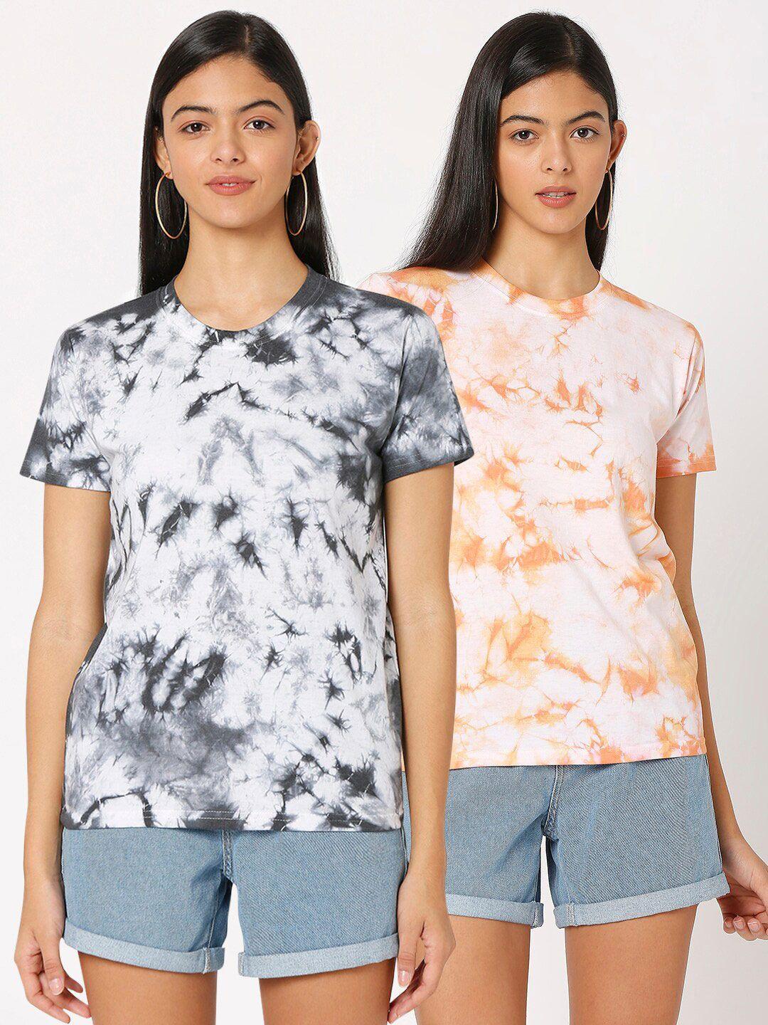 smarty pants women set of 2 black & orange tie and dye printed t-shirt