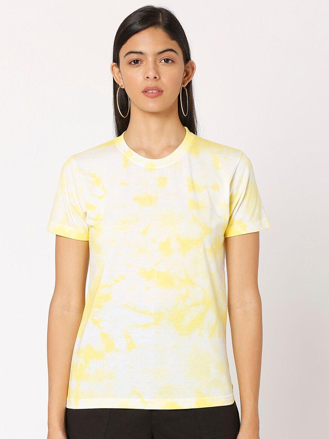 smarty pants women yellow & marshmallow floral printed raw edge t-shirt