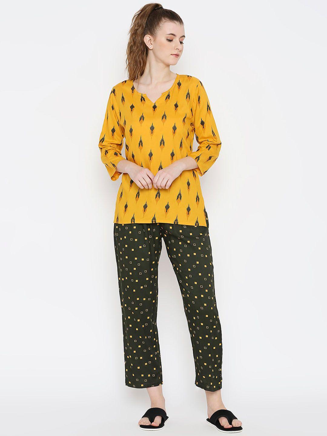 smarty pants women yellow & olive green printed night suit