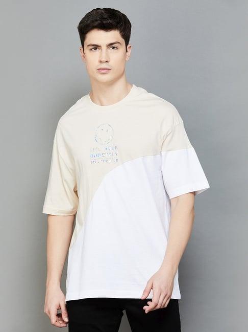 smileyworld beige cotton regular fit printed t-shirt