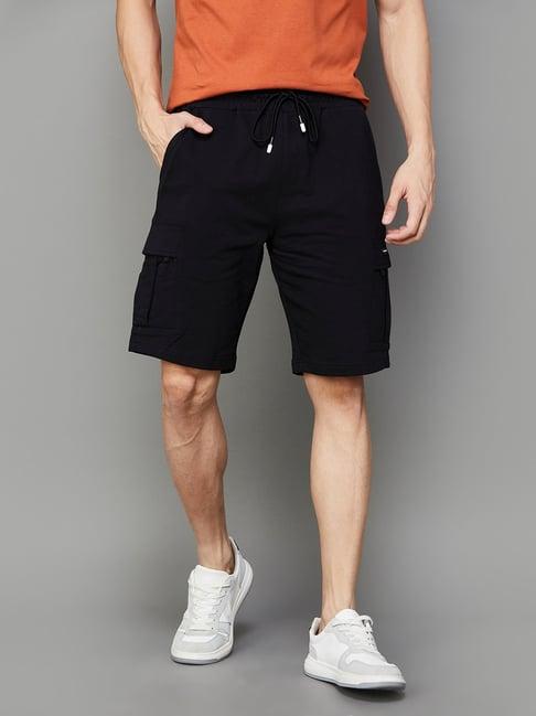 smileyworld black cotton regular fit printed cargo shorts