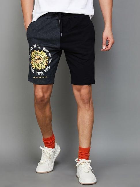 smileyworld black cotton regular fit printed shorts