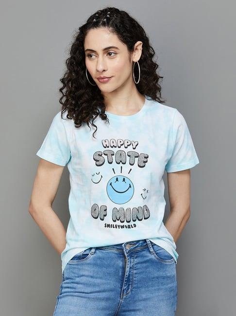 smileyworld blue & white cotton graphic print t-shirt