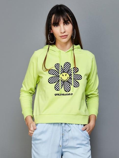 smileyworld green cotton printed hoodie