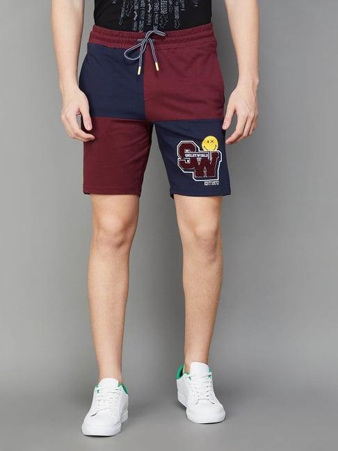 smileyworld maroon cotton regular fit colour block shorts