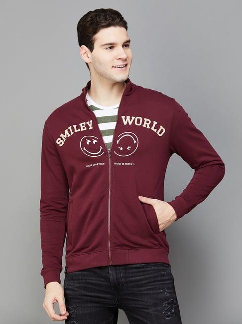 smileyworld maroon cotton regular fit printed sweatshirt