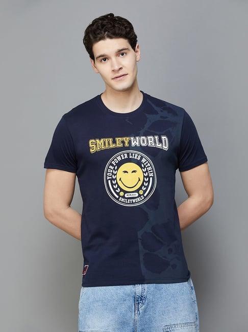 smileyworld navy cotton regular fit printed t-shirt