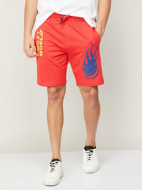 smileyworld orange cotton slim fit printed shorts