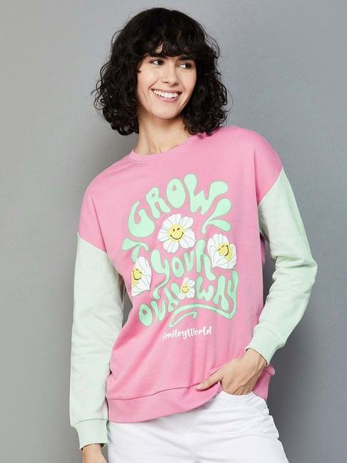 smileyworld pink & green cotton printed sweatshirt