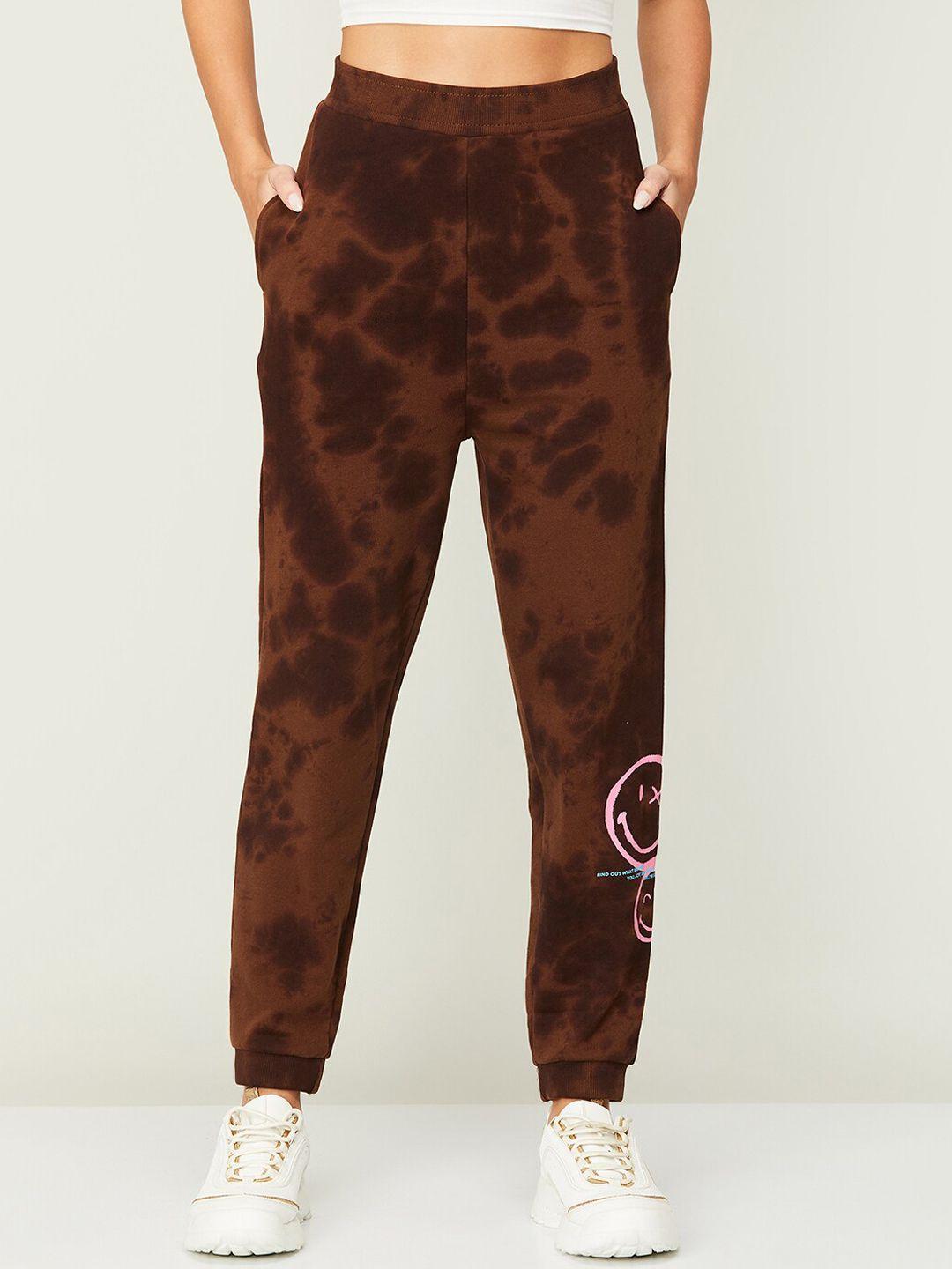 smileyworld women brown tie and dye high-rise cotton joggers