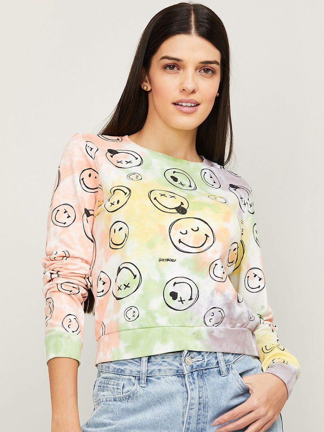 smileyworld women peach-coloured & yellow printed cotton sweatshirt