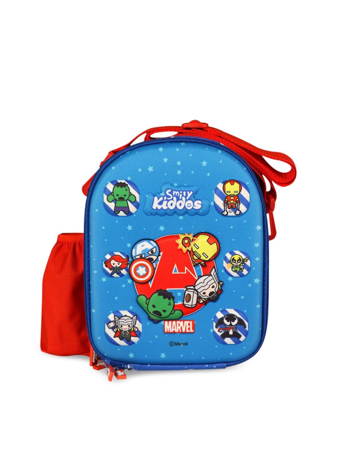 smily kiddos kids blue & red marvel superheroes printed hardtop lunch bag