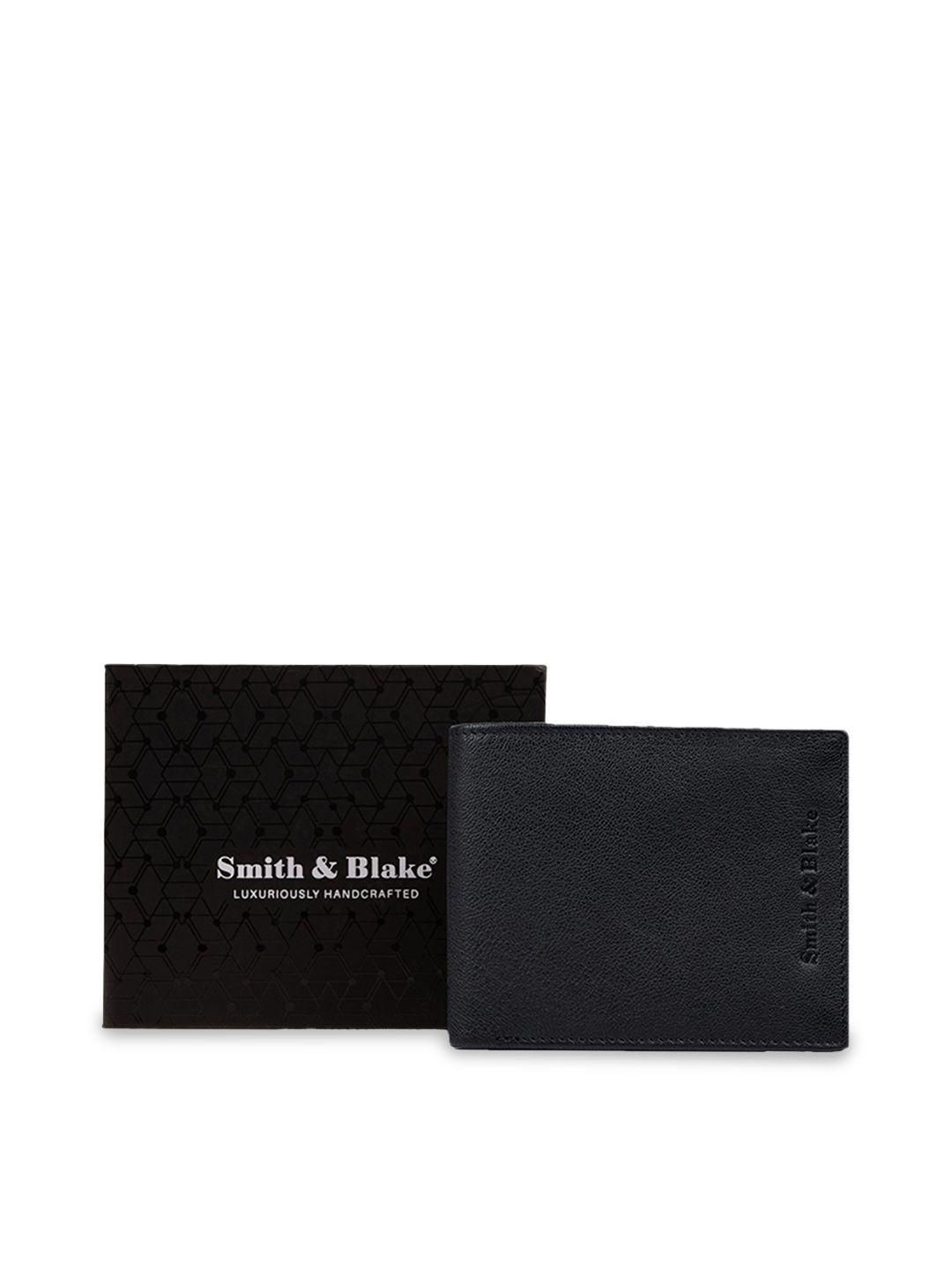 smith & blake men black zip detail leather two fold wallet