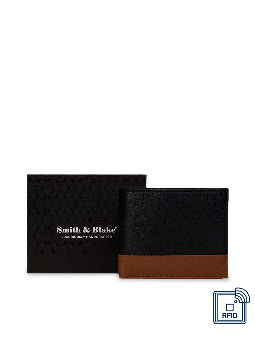 smith & blake unisex black & brown zip detail leather two fold wallet