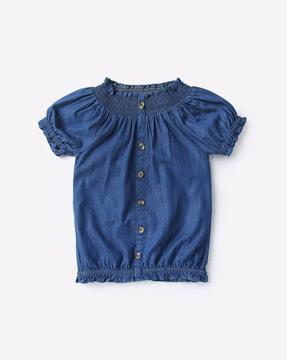 smocked blouson with mock button placket