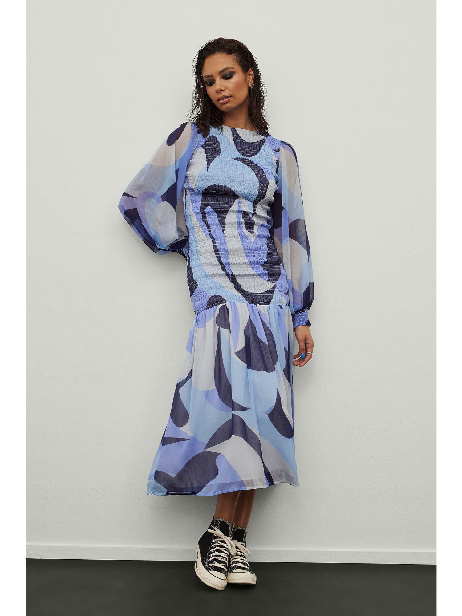 smocked balloon sleeve dress-blue/print