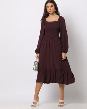 smocked bodice square-neck fit & flare dress